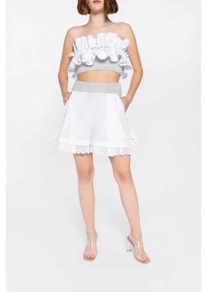 Dantel Detaylı Cep Kenarları Boncuk Işlemeli Gri Şort fiyatları