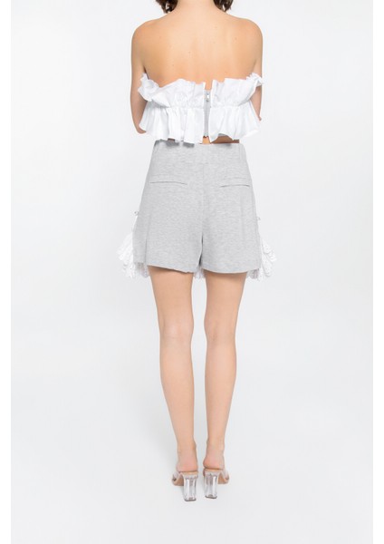 Dantel Detaylı Cep Kenarları Boncuk Işlemeli Gri Şort fırsatları