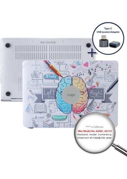 Macbook Air Kılıf 13.6 inç M2-M3, Beyin Desenli Brain (TouchID'li Air 13.6") A2681 A3113 ile Uyumlu