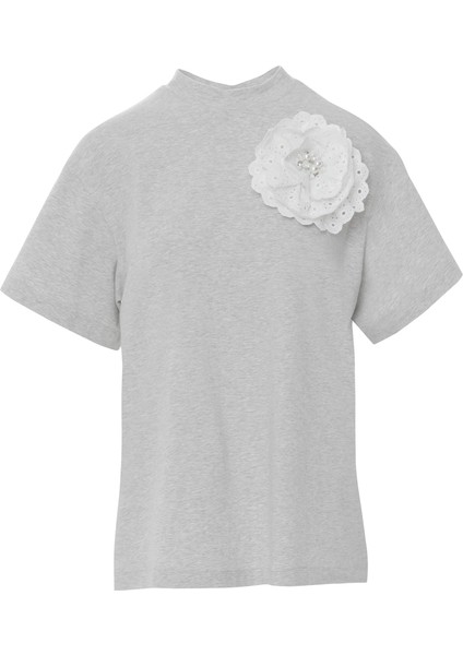 Özel Işleme Gül Detaylı Yuvarlak Yaka Kısa Kol Gri Tshirt indirimleri