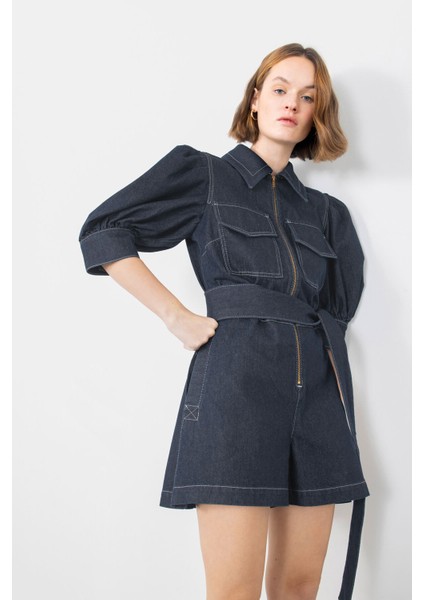 Nakışlı Işleme Detaylı Kuşaklı Lacivert Jean Tulum modelleri