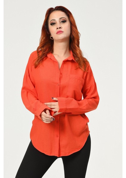 Big Dart Oversize Keten Gömlek - Turuncu Turuncu - 36