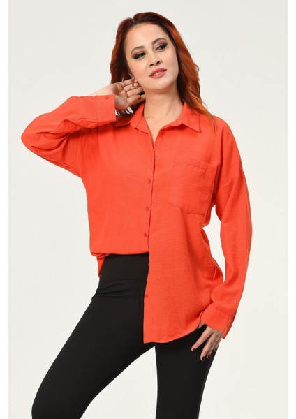 Big Dart Oversize Keten Gömlek - Turuncu Turuncu - 36 modelleri