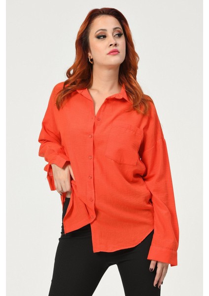 Big Dart Oversize Keten Gömlek - Turuncu Turuncu - 36 fırsatları