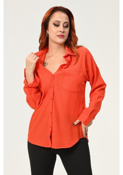 Big Dart Oversize Keten Gömlek - Turuncu Turuncu - 36 indirimleri