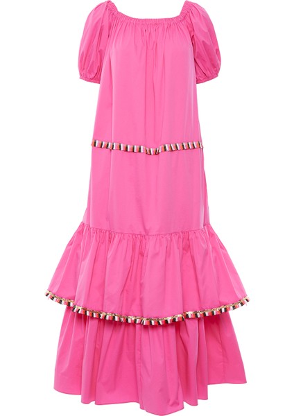 Çizgili Şerit Detaylı Kayık Yaka Pembe Poplin Elbise indirimleri