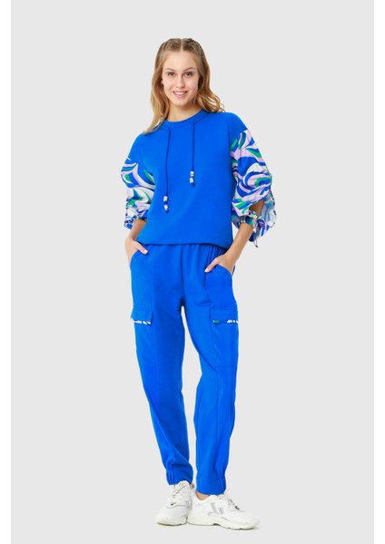 Pencere Detaylı Balon Kollu Rahat Kesim Sweatshirt ve Beli Lastikli Cepli Saks Eşofman Takımı