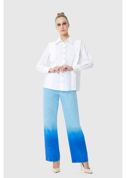 Kristal Düğmeli Omuz Detaylı Rahat Kesim Tasarım Poplin Beyaz Gömlek