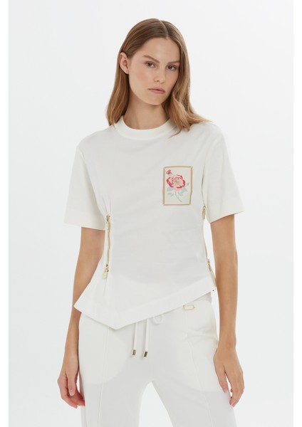 Fermuar Detaylı Ekru Kısa Kollu Tshirt fiyatları