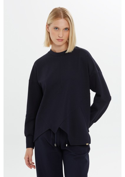 Yuvarlak Yakalı Asimetrik Kesim Lacivert Sweatshirt