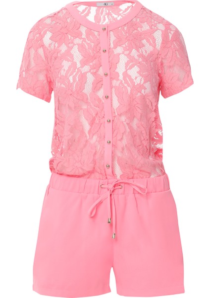 Üst Beden Dantelli Beli Lastikli Mini Pembe Tulum