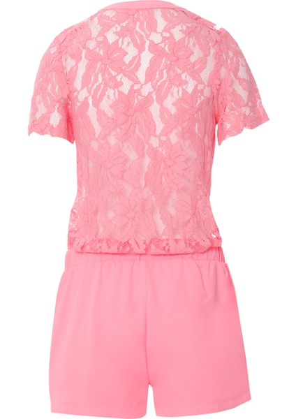 Üst Beden Dantelli Beli Lastikli Mini Pembe Tulum modelleri