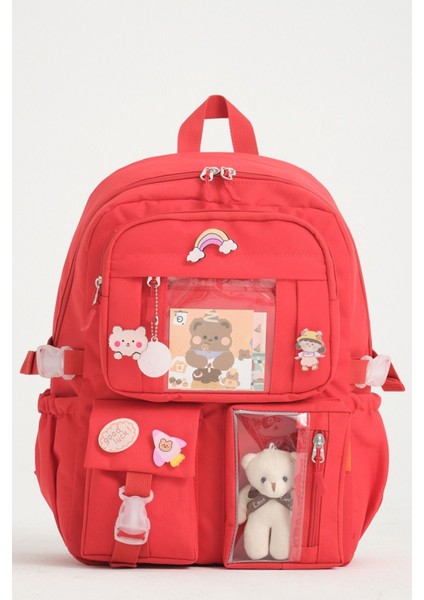 Kawaii Kore Tarzı Okul Çantası Aksesuarlı Kız Çocuk ve Erkek Çocuk Sırt Çantası Kırmızı