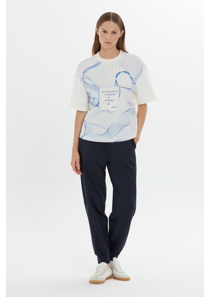 Mavi Çizgi Desenli Kısa Kollu Ekru Tshirt