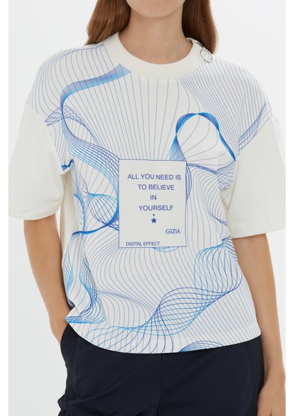 Mavi Çizgi Desenli Kısa Kollu Ekru Tshirt