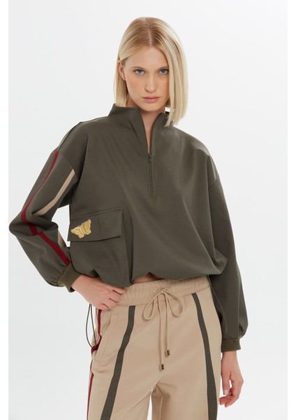 Cepli ve Fermuarlı Haki Sweatshirt