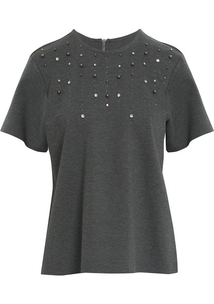Önü Boncuk Işlemeli Kısa Kollu Gri Tshirt indirimleri