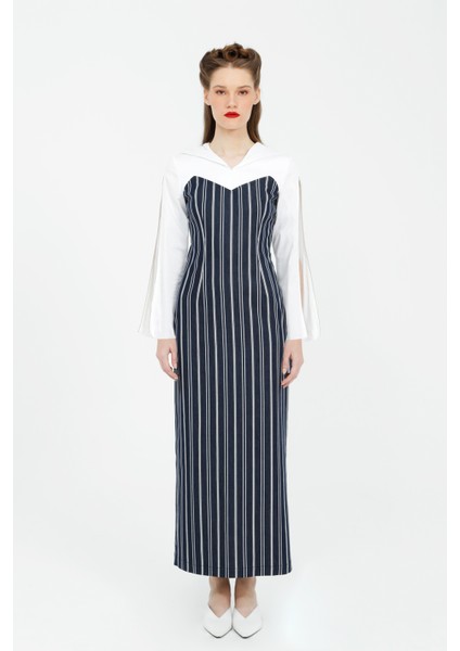 Fermuar Detaylı Uzun Çizgili Lacivert Streç Elbise