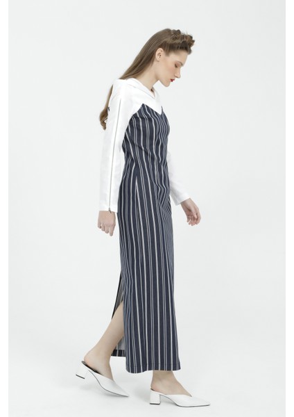 Fermuar Detaylı Uzun Çizgili Lacivert Streç Elbise fiyatları