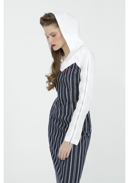 Fermuar Detaylı Uzun Çizgili Lacivert Streç Elbise fırsatları