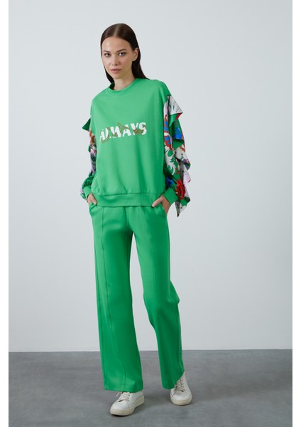 Always Yazı Baskılı ve Desenli Rahat Kesim Örme Sweatshırt Yeşil Eşofman Takımı