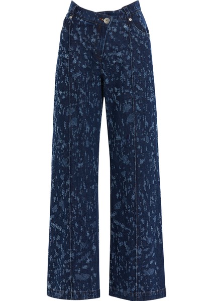 Kemer ve Düğme Detaylı Önden Tek Pileli Geniş Paça Denim Pantolon indirimleri