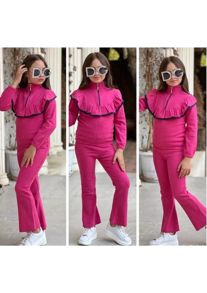 Kız Yarım Fermarlı Fırfırlı Takım Raporlu Şardonlu(Dar Kalıp, 1 Beden Büyük Almanızı Tavsiye Ederiz)