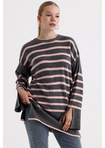 Çizgili Kazak - Gri Gri - Standart