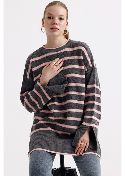 Çizgili Kazak - Gri Gri - Standart fiyatları