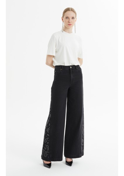 Gold Düğmeli Geniş Paça Siyah Jean Pantolon