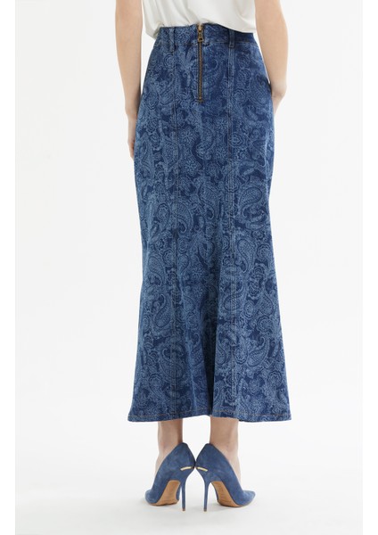 Arkası Fermuarlı Lacivert Denim Uzun Etek