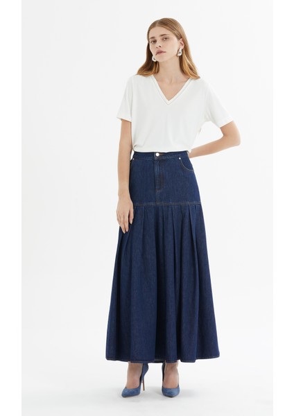 Pileli Lacivert Denim Etek