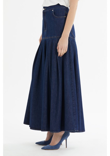 Pileli Lacivert Denim Etek fırsatları