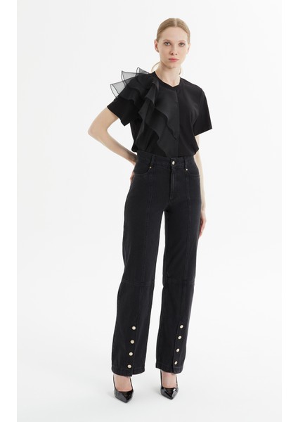 Düz Kesim Paçası Gold Düğme Detaylı Siyah Denim Pantolon