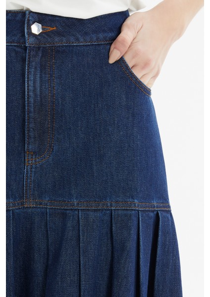 Pileli Lacivert Denim Etek modelleri