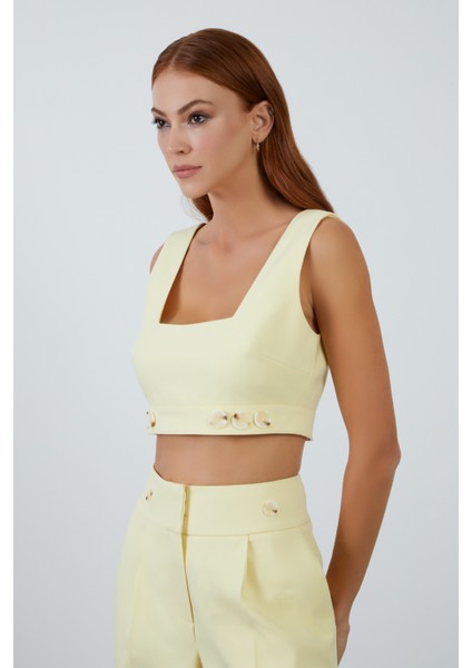 Dantel Aksesuarlı Sarı Crop Bluz fiyatları