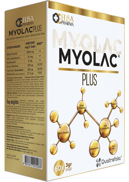 Myolac Plus 60 Saşe, Myo-inositol, Alfa-Laktalbumin, Astaksantin, Folik Asit, Krom Pikolinat, Selenyum İçeren Takviye Edici Gıda