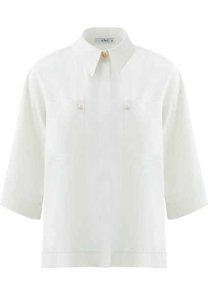 Metal Aksesuarlı Truvakar Kol Beyaz Oversize Bluz