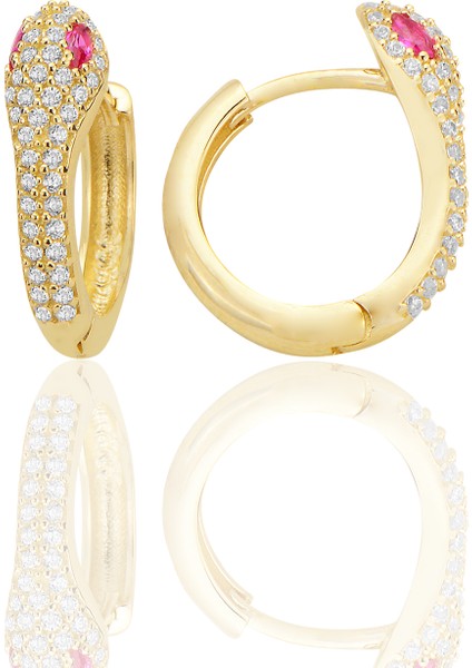 14 Ayar Altın Huggie Yılan Küpe Göz Detayı Kırmızı Taşlı T050