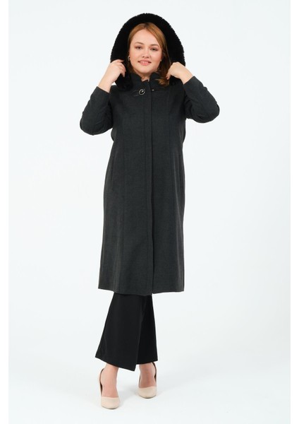 Şehnaz Kadın Büyük Beden Astarlı Kapüşonlu Kaşe Kaban