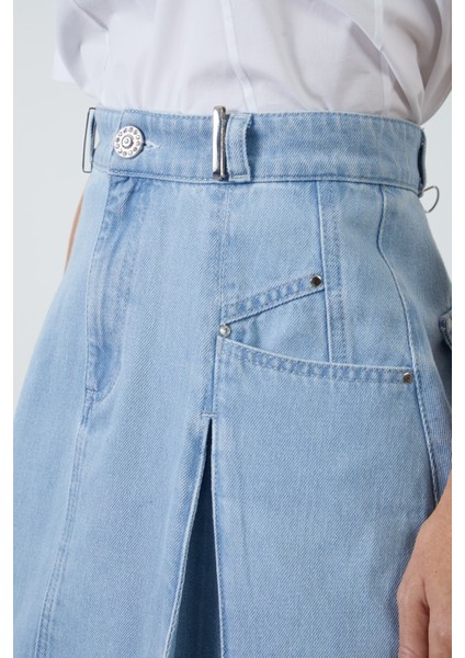 Pilikaşe ve Kuşgözü Detaylı Mini Mavi Denim Etek fiyatları