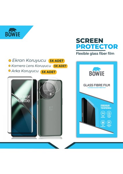Oneplus 11 için full kaplama ön arka kamera nano tempered ekran koruyucu 3 adet set