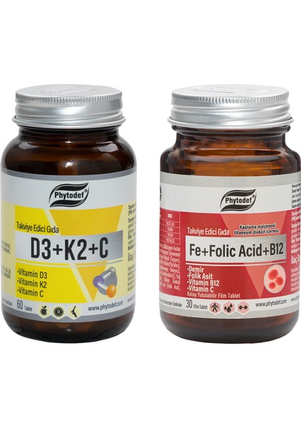 Demir + Folik Asit + Vitamin B12 + Vitamin C - 30 Tablet & D3 + K2 + C - 60 Tablet
