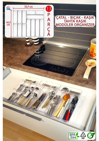 Color House 13'Lü Set Modüler Kaşıklık Organizer Çekmece Içi Şeffaf Düzenleyici Tahta Kaşık Drawer Organizer