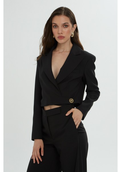 Crop Ceketli Pantolonlu Siyah Takım modelleri