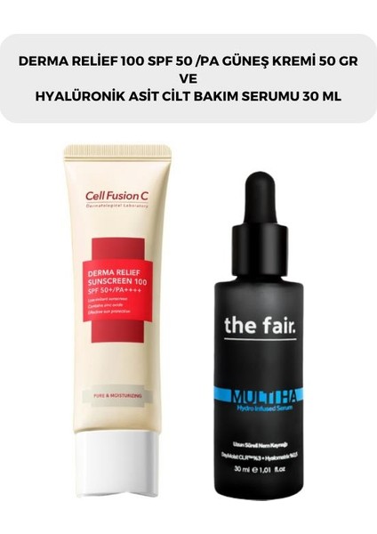 Cell Fusion C Derma Relief 100 Spf 50 Pa Güneş Kremi 50 gr ve The Fair. Hyalüronik Asit Nemlendirici Cilt Bakım Serumu 30 ml