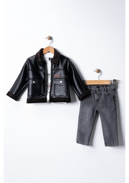 (1-8 Yaş) Deri Mont Iç Kaşe Astar Erkek Çocuk 3 lü takım - Siyah