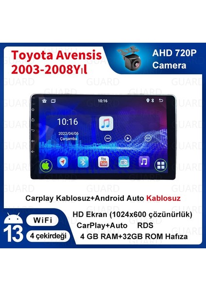 Toyota Avensis（ 2003-2008 Yıl）android Sürüm 13 Kablosuz Carplay Navigasyon Multimedya 9 Inç Ekran 4G Ram+ 32GB Hafıza Çerçeve ve Arka Görüş Kameras ile