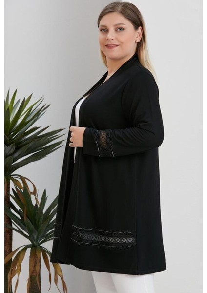 For Esra Bıg Trend Kadın Büyük Beden Kol ve Etek Ucu Güpür Taş Detaylı Ön Açık Örme Midi Boy Esnek Hırka Siyah fırsatları