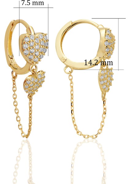 14 Ayar Altın Kalp Şeklinde Zincir Sallantılı Stud Taşlı Küpe T036